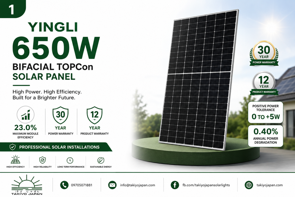 Yingli 650W N-Type TOPCon Bifacial Solar Panel | Takiyo Japan