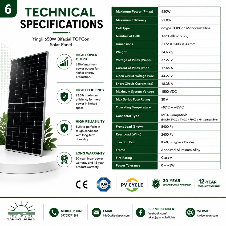 Yingli 650W N-Type TOPCon Bifacial Solar Panel | Takiyo Japan