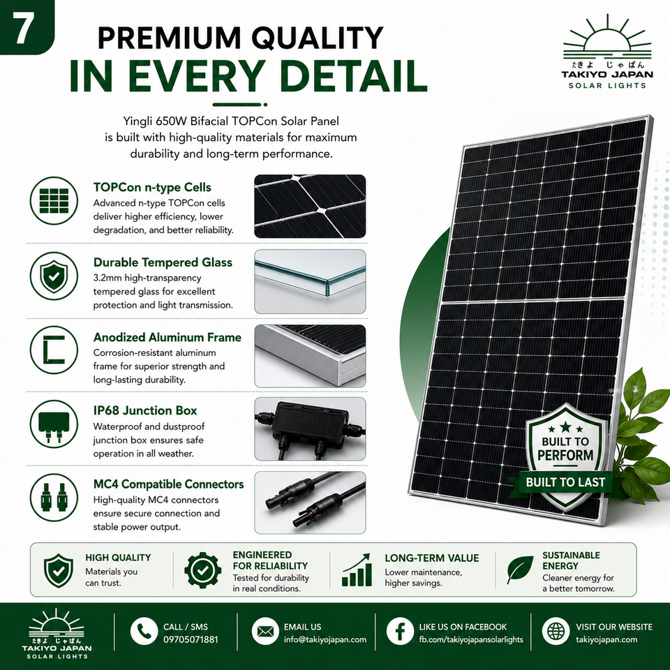 Yingli 650W N-Type TOPCon Bifacial Solar Panel | Takiyo Japan