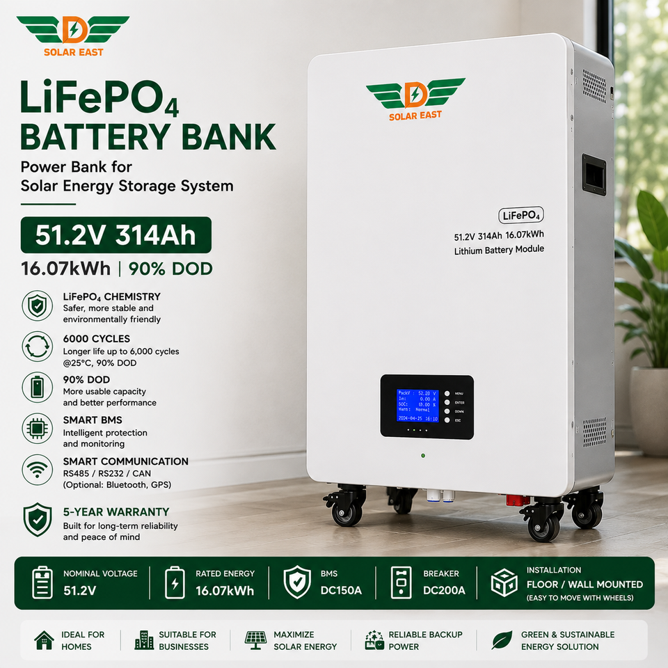 Solar East 51.2V LiFePO₄ Solar Battery | 100Ah, 200Ah, 300Ah & 314Ah Energy Storage System