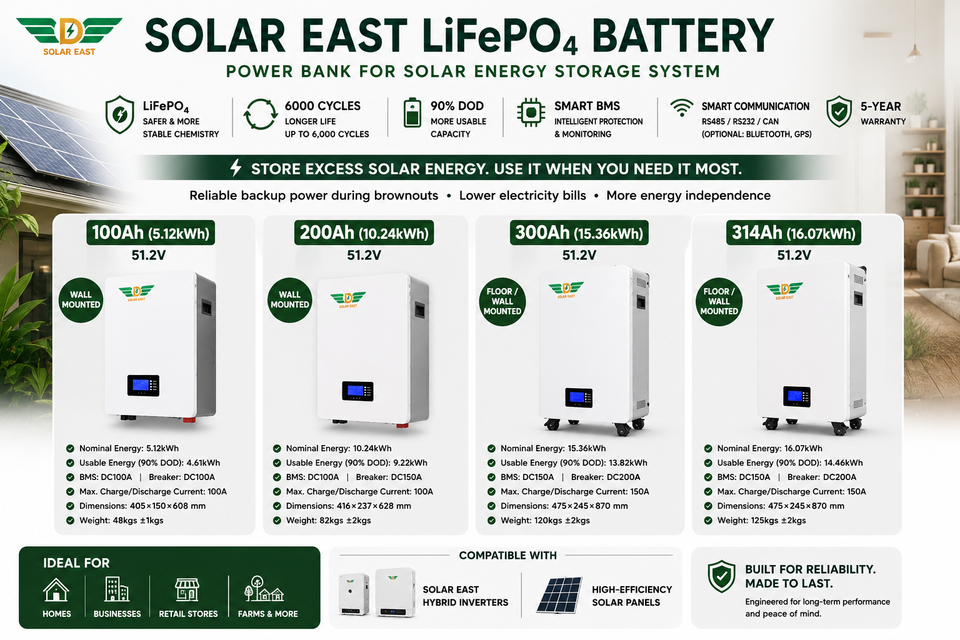 Solar East 51.2V LiFePO₄ Solar Battery | 100Ah, 200Ah, 300Ah & 314Ah Energy Storage System