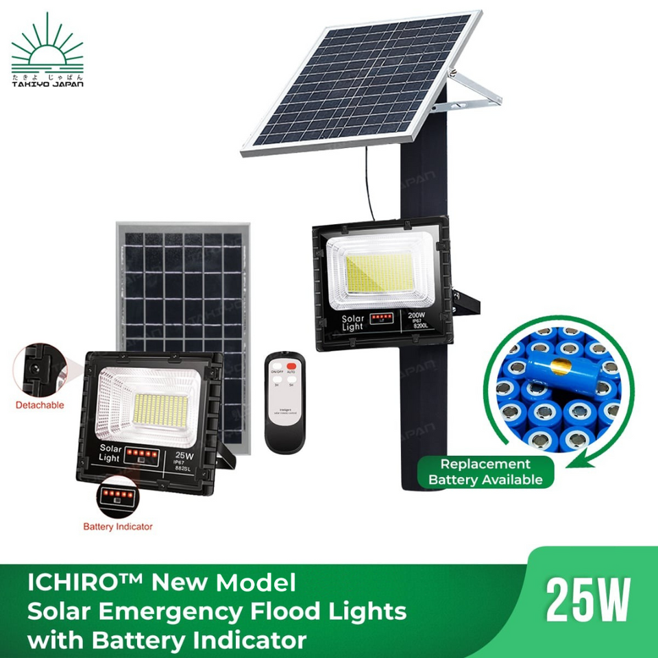 TAKIYO JAPAN™ New ICHIRO™ (25W, 40W, 60W, 100W, 200W & 300W) Solar Emergency Floodlights With Battery Indicator